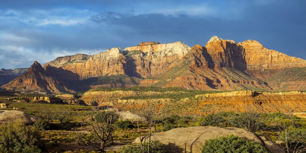 Panoramic view of West Temple and Towers of the Virgin in Zion National Park, a top Zion hiking photo location.